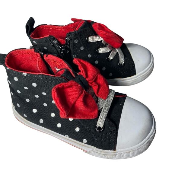 Disney Minnie Mouse High Top Silver Polka Dot Big Bow Canvas Sneaker Shoes - Picture 1 of 8